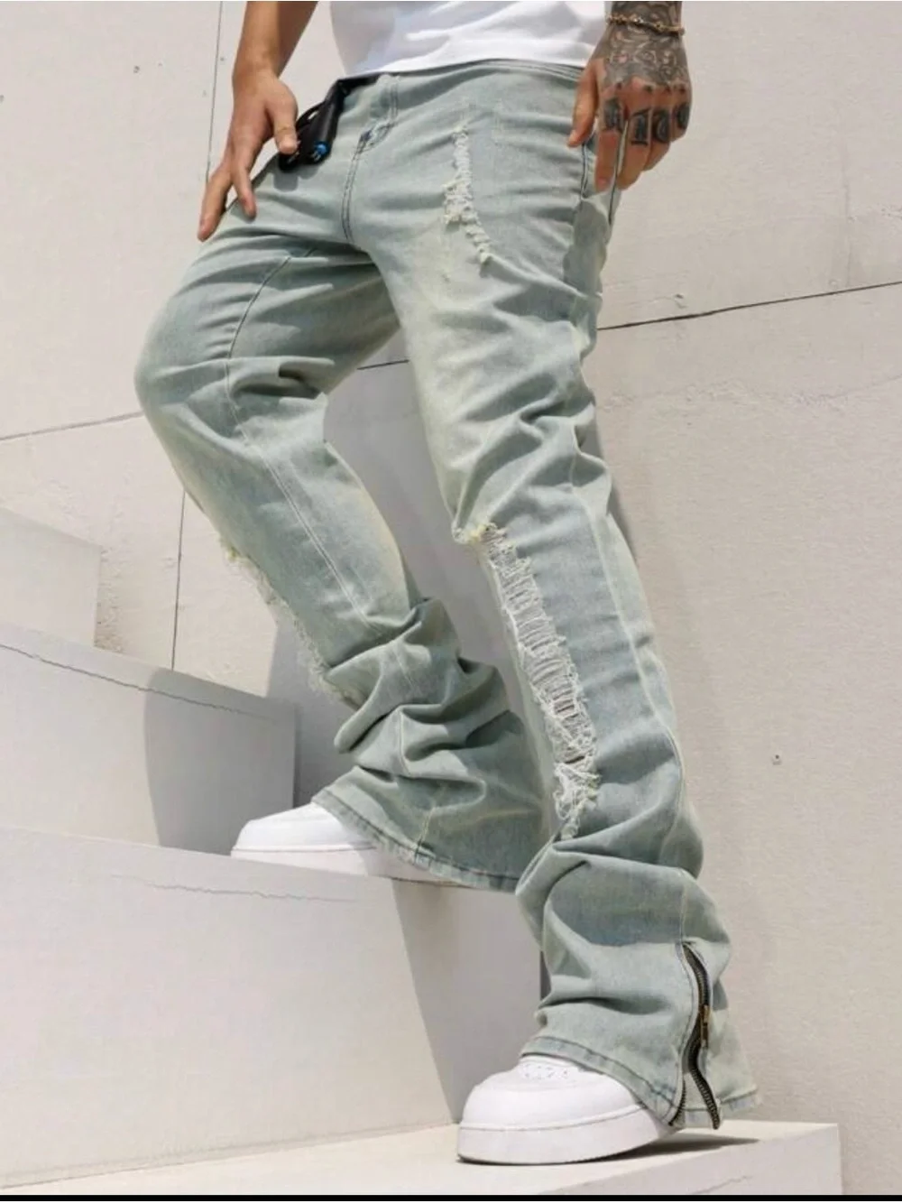 Coach Men's Pale Green Distressed Bootcut Jeans